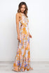 Orange Boho Floral Backless Lace up Sleeveless Maxi Dress